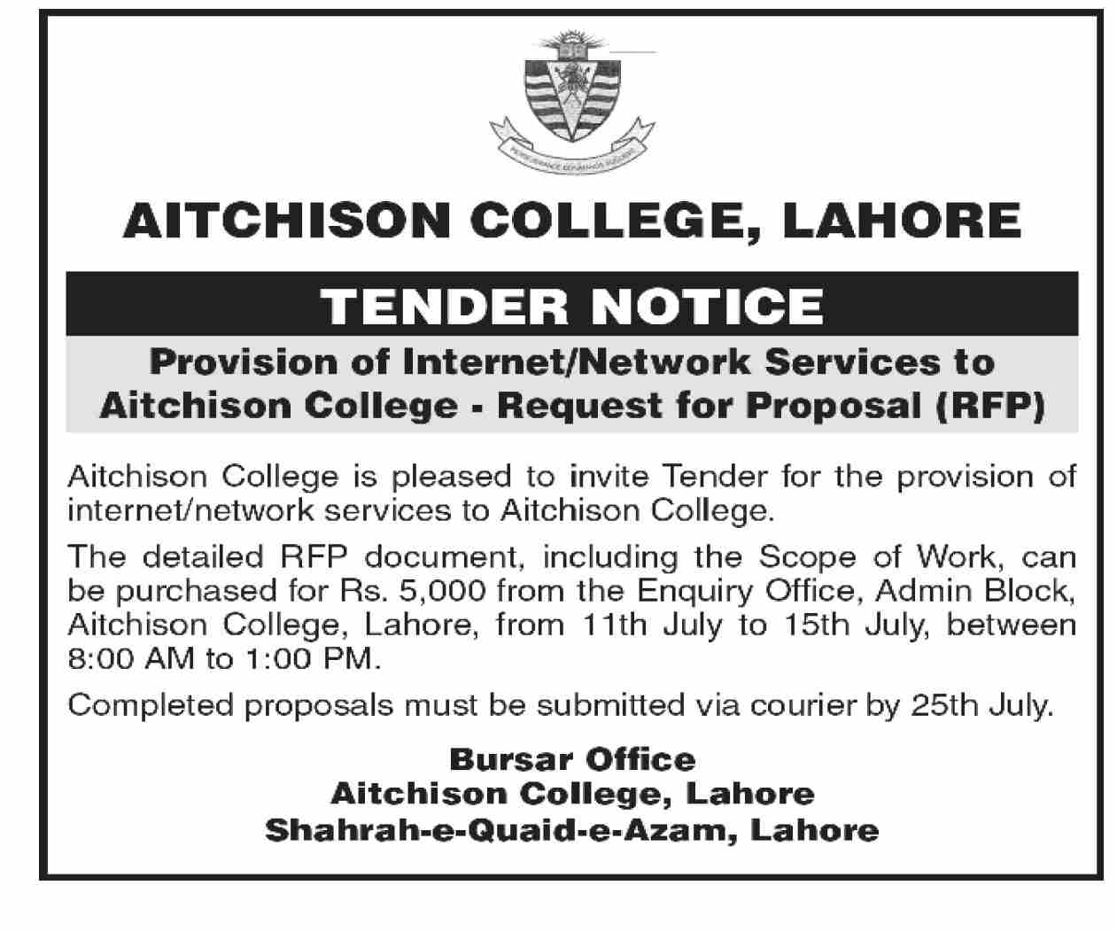 Aitchison College Lahore Tender Notice
